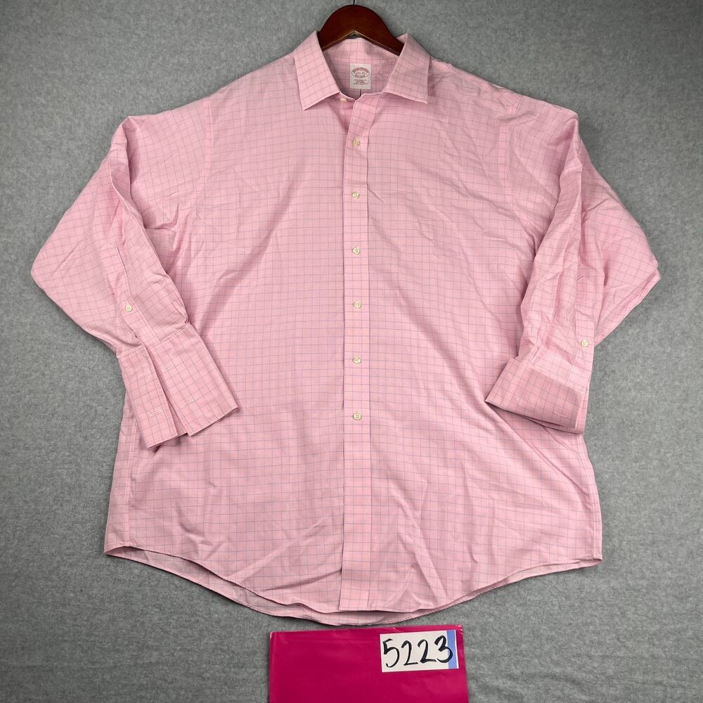 Brooks Brothers Shirt 17.5 Pink Check Glen Plaid Non Iron Button Up Long Sleeve